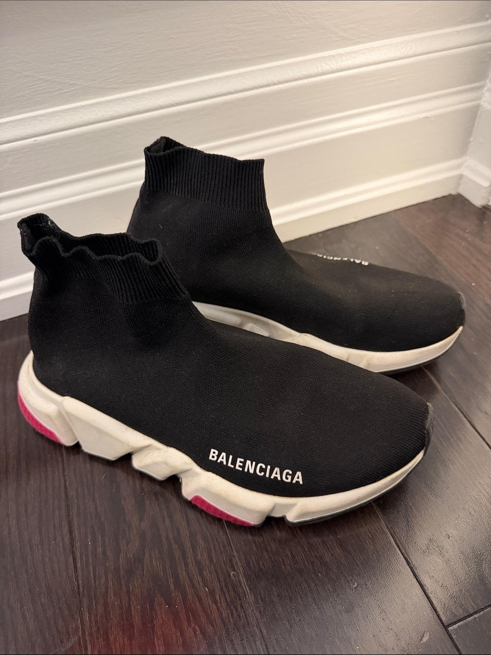 Balenciaga Black Sock Runner Sneakers with White Soles and Pink Accents